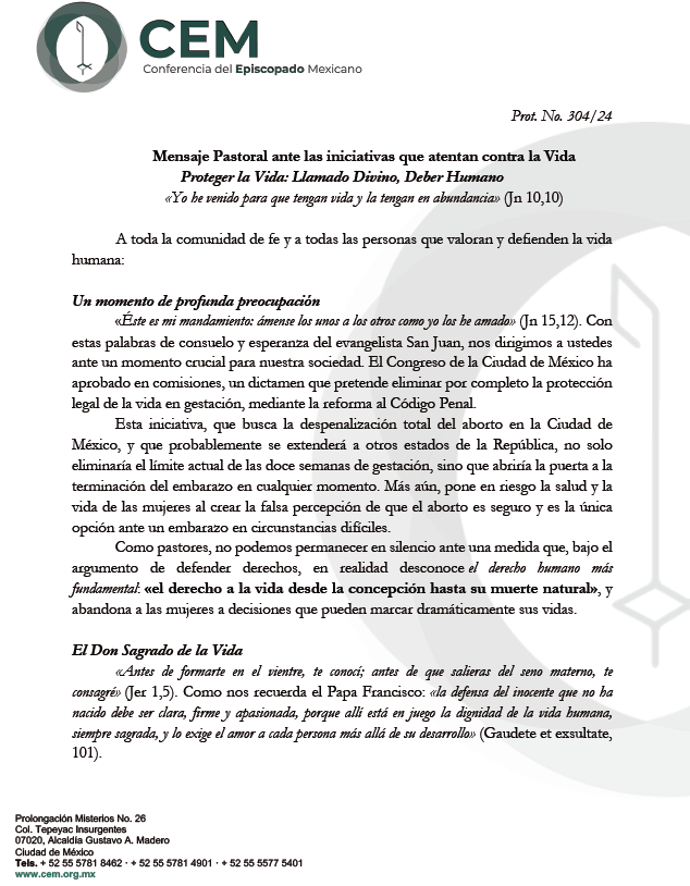 mensaje de los obispo contra el aborto en mexico