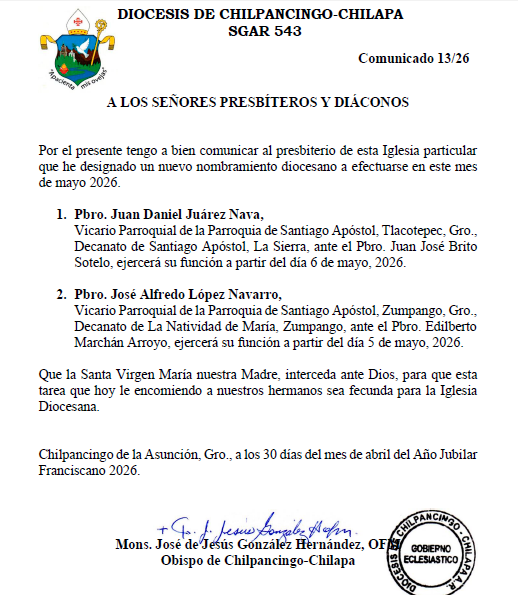 COMUNICADO DE NUEVOS NOMBRAMIENTOS DIOCESANOS